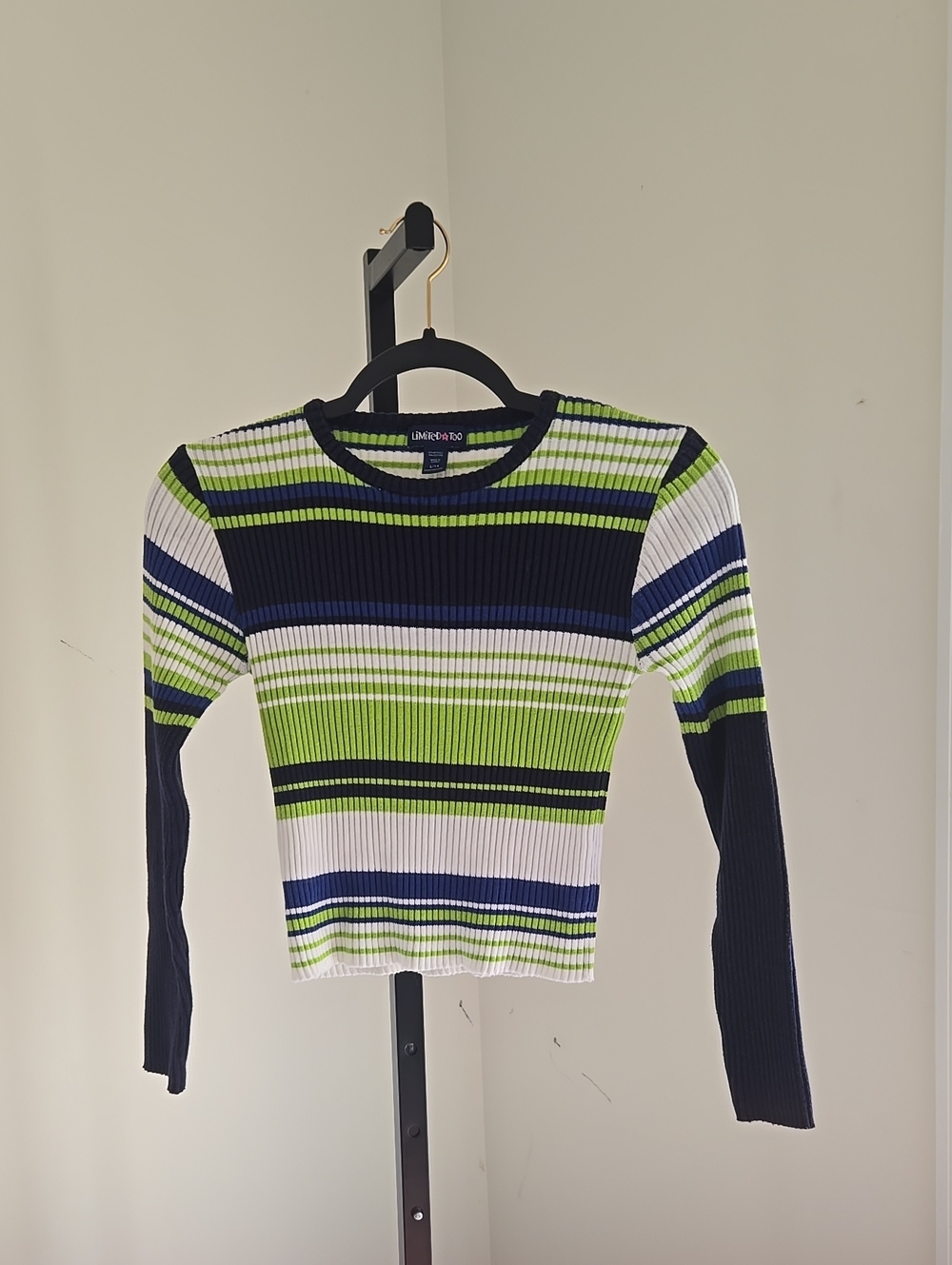 Vintage Y2K Limited Too Striped Ribbed Long-Sleeve Top - Green/Navy/White Size:S